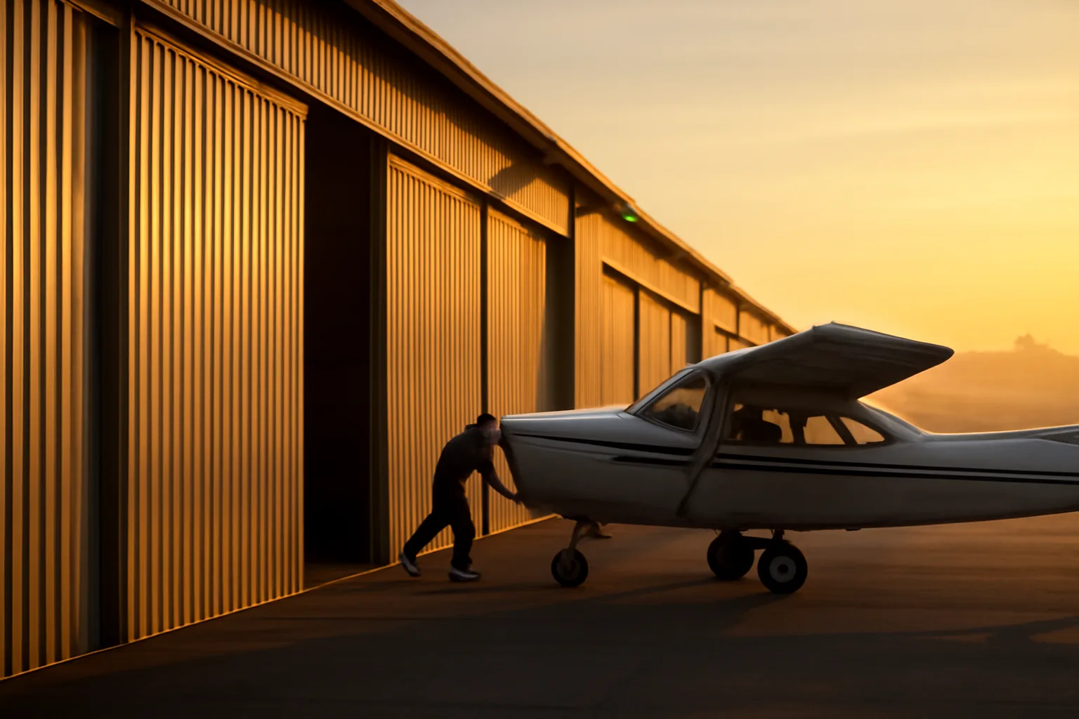 T-hangar row at a California airport in early morning light