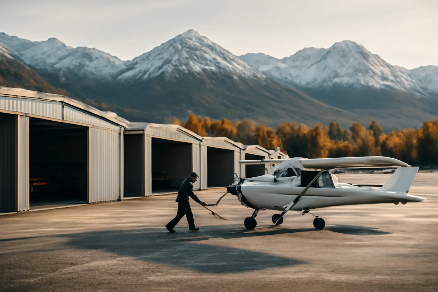 A row of T-hangars at an Alaska airport with mountains beyond