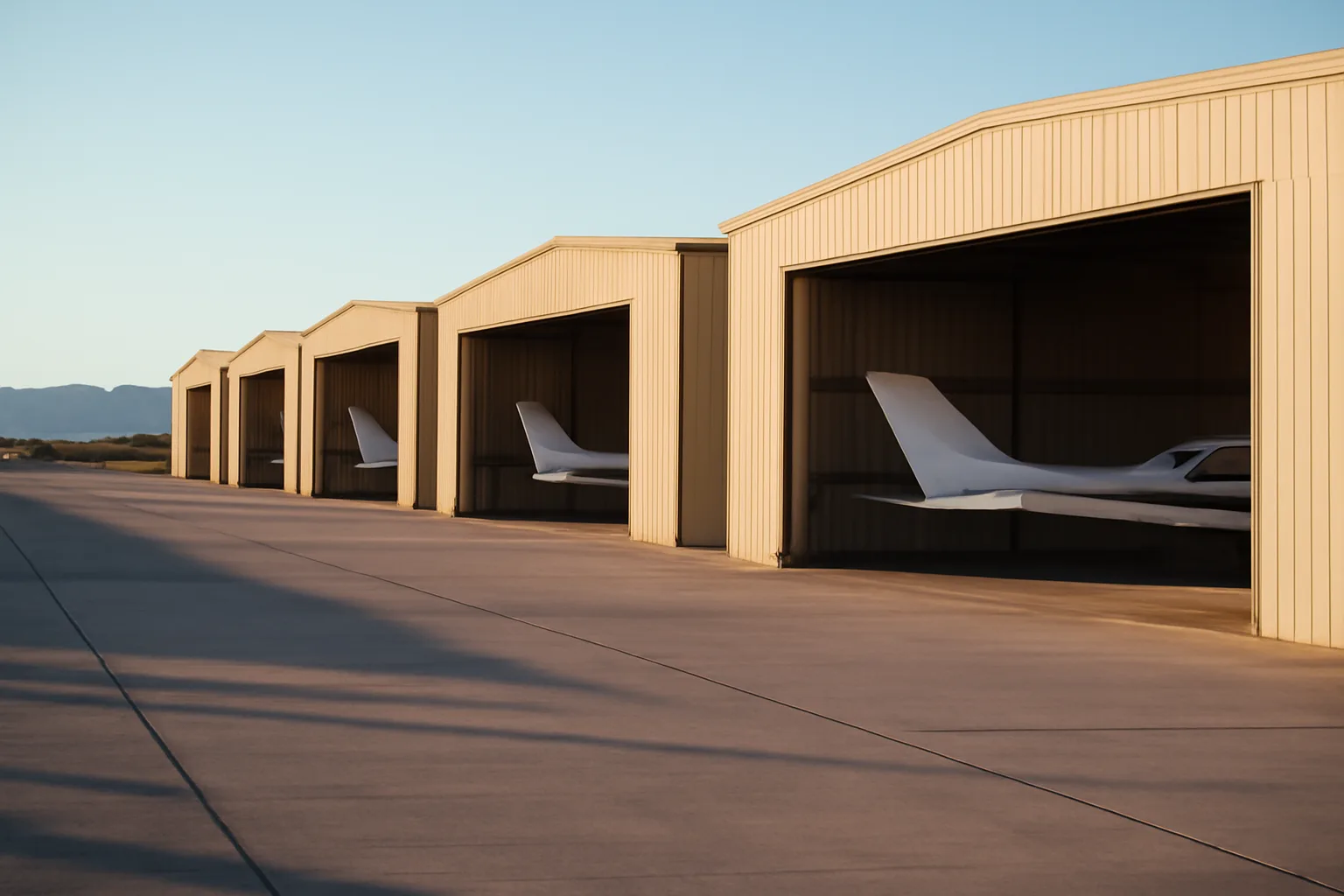 Row of T-hangar condo buildings at an Arizona airport in morning light