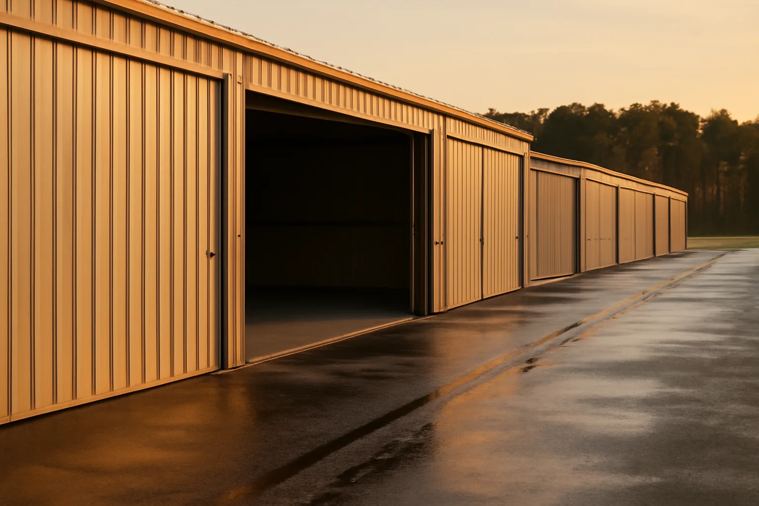 Row of T-hangars at an Arkansas airport with one door open on a wet taxi lane
