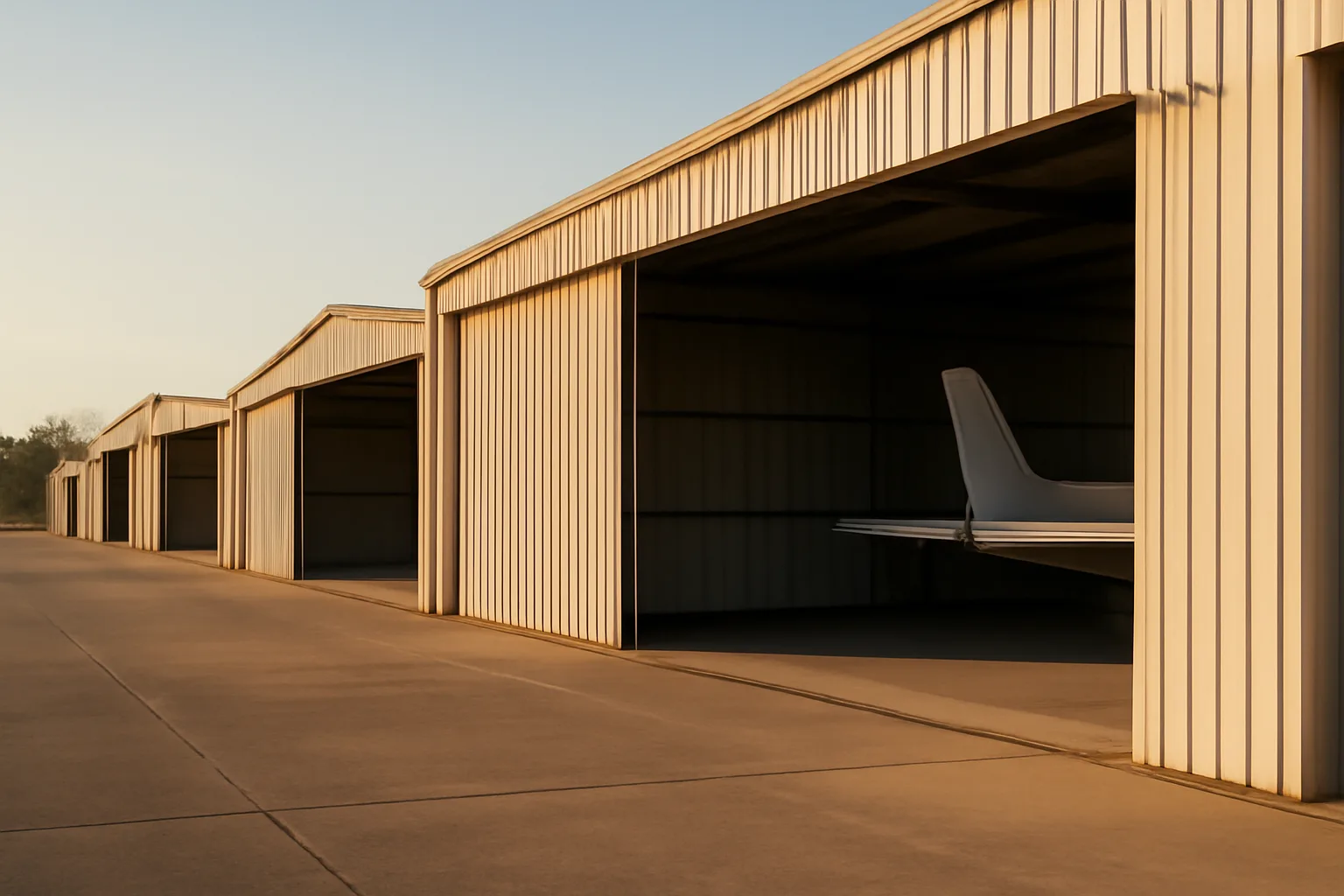 Row of T-hangar condo units at an Alabama airport ramp