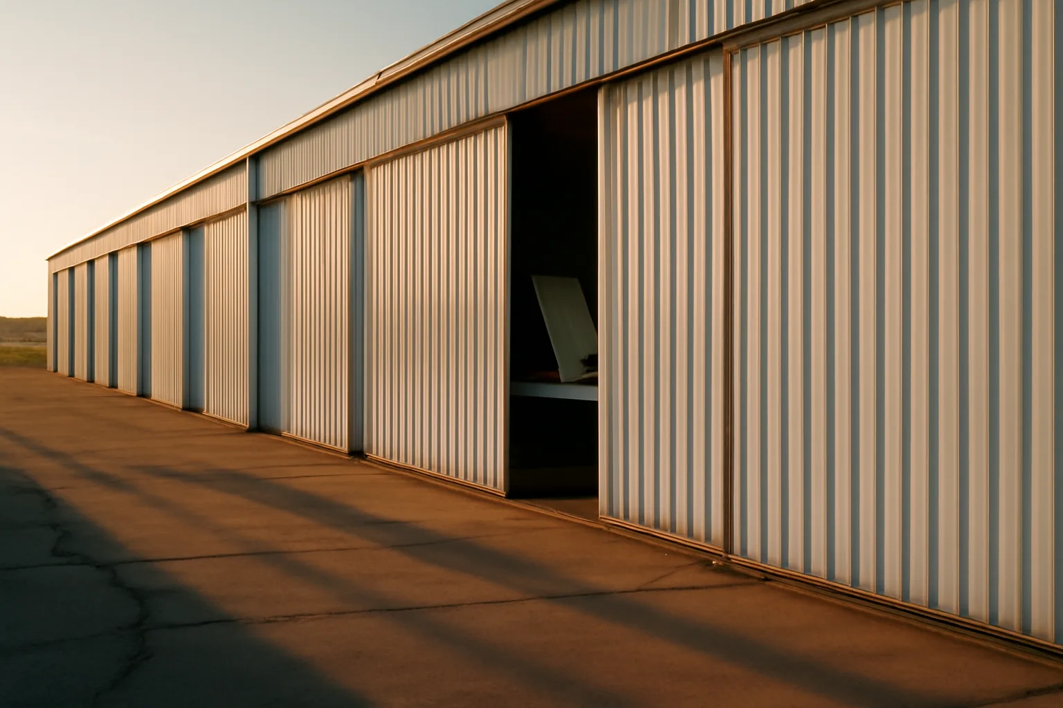 White T-hangar doors at an Arkansas airport, one open with a Cessna tail inside, morning light