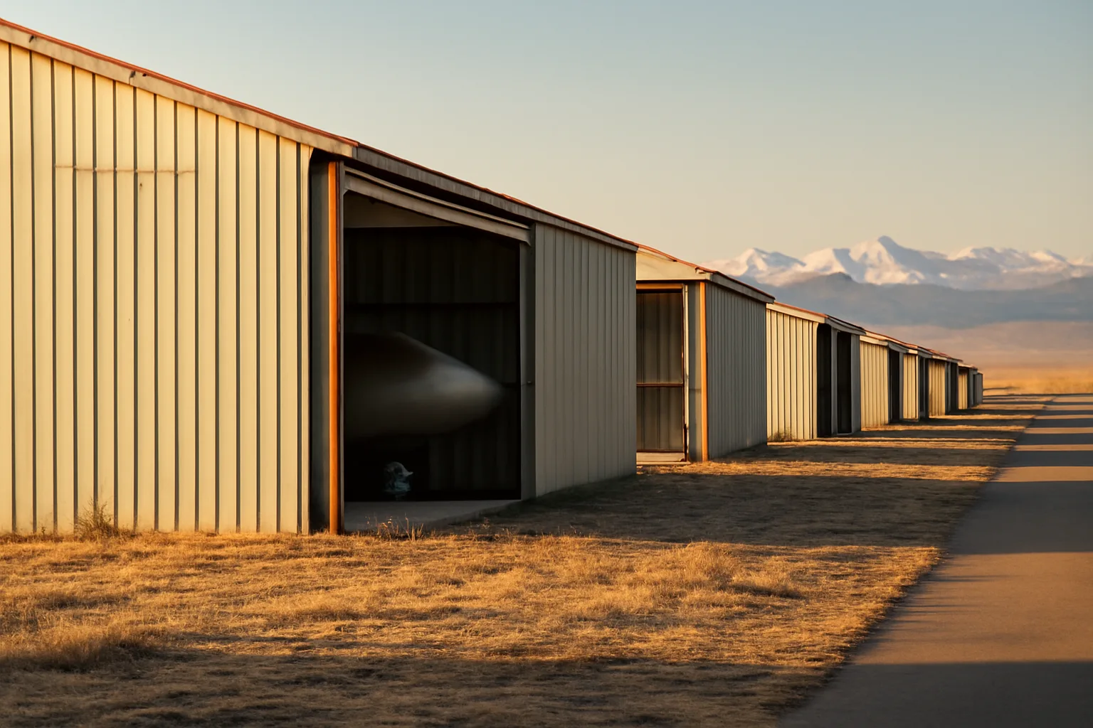 Steel T-hangar condo row on a Colorado airfield at sunrise