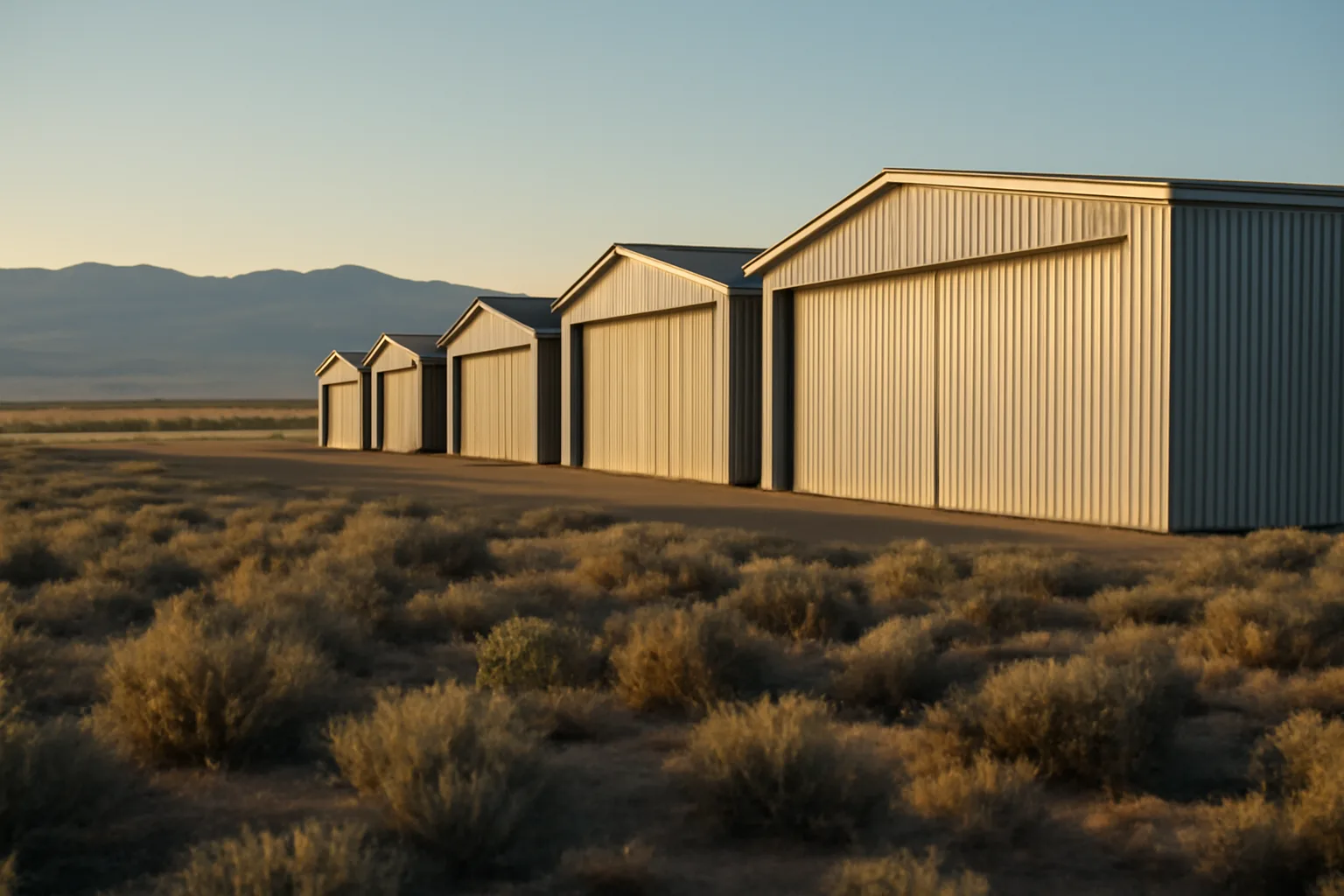 Row of T-hangar bays at a Utah general aviation airport with mountains behind