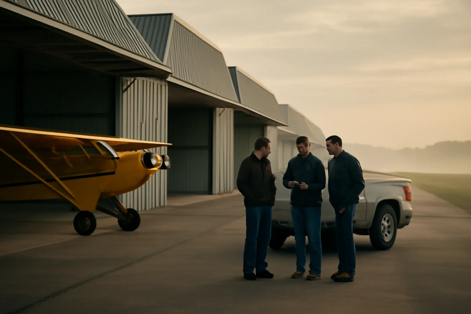 T-hangar row and pilots meeting outside hangar at sunrise in Arkansas