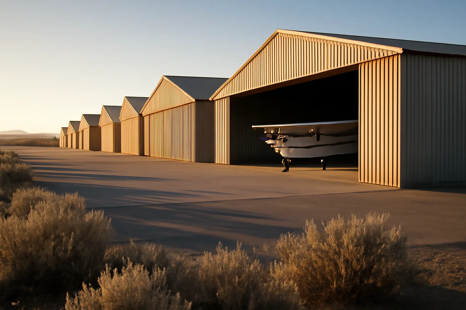 Open metal T-hangar bays on an Idaho airfield at sunrise