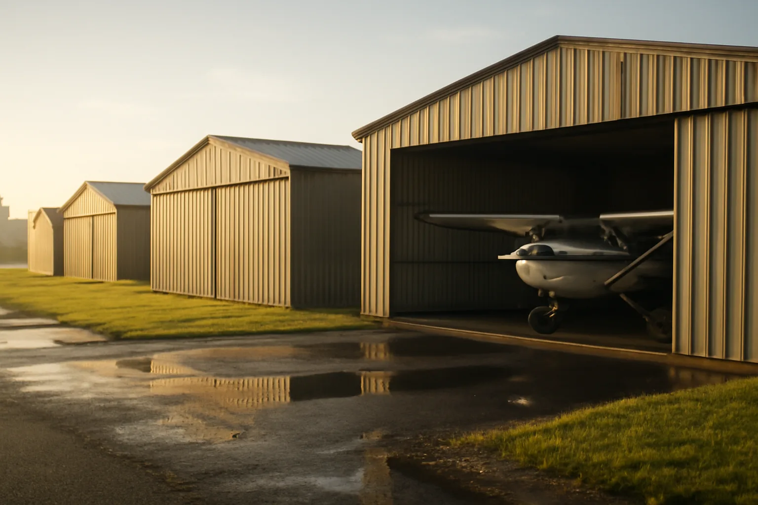 Open Delaware T-hangar bay with a light airplane in morning sun