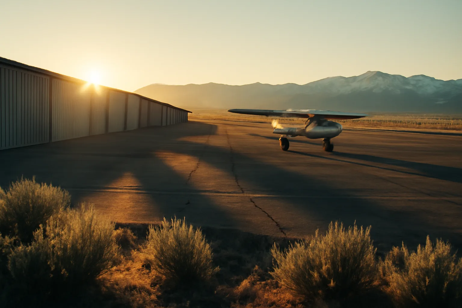 T-hangar condo row on a quiet Idaho airfield at sunrise