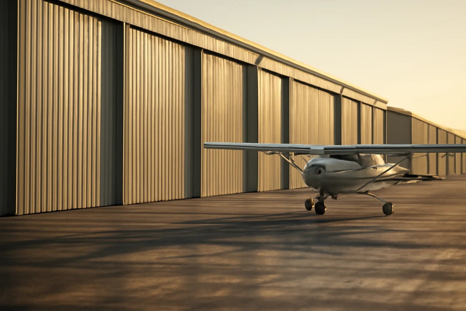 Row of T-hangar condos at a California airport in late afternoon light.