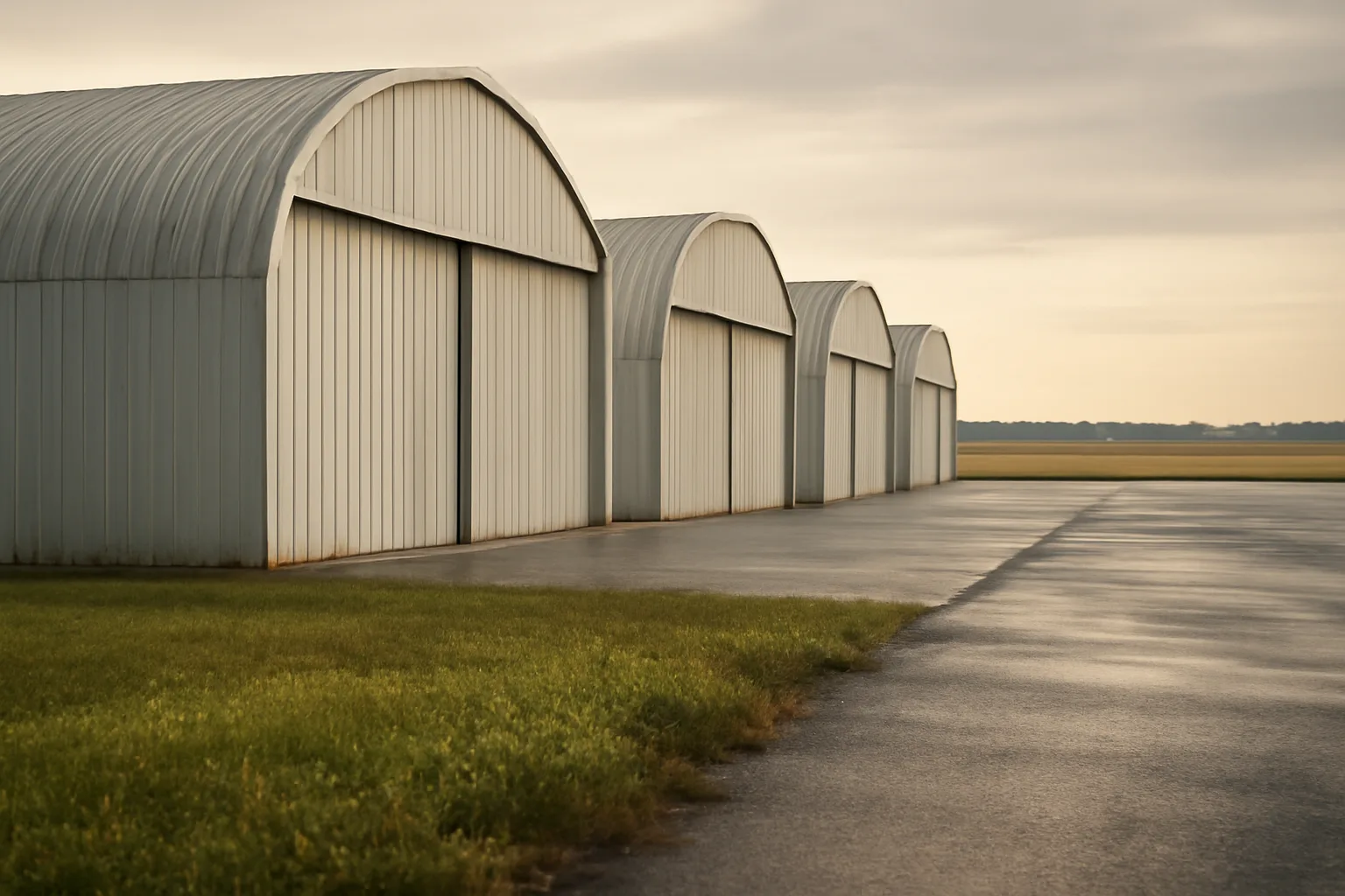 Nested steel T-hangars on a quiet Illinois general aviation ramp