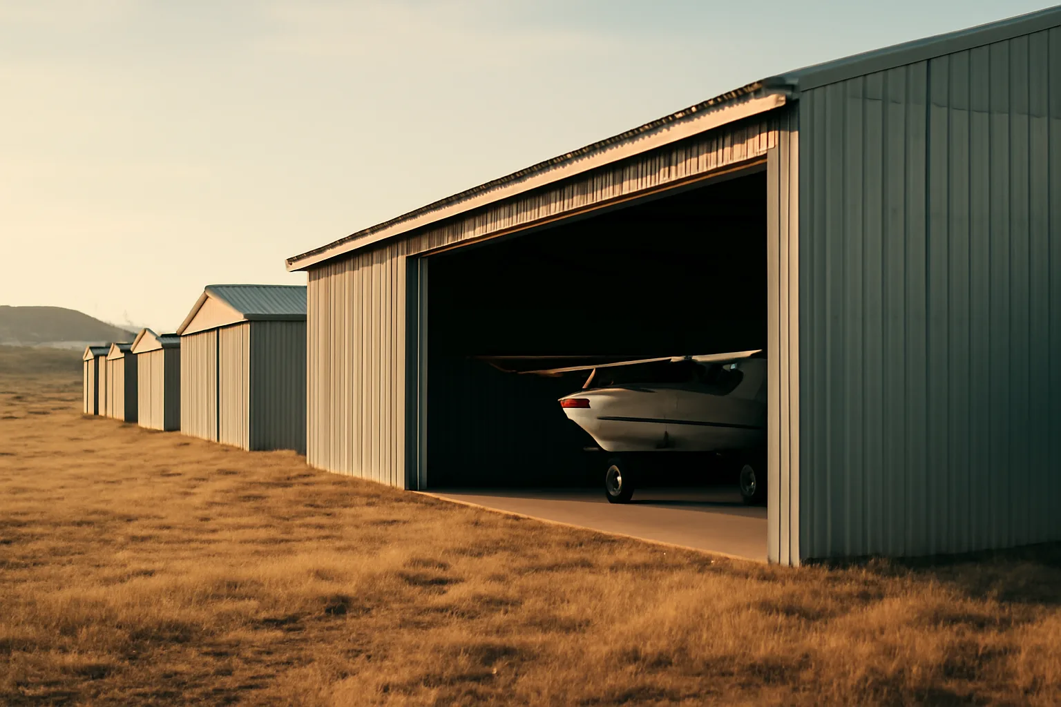 Open Idaho T-hangar bay with a small airplane at late day